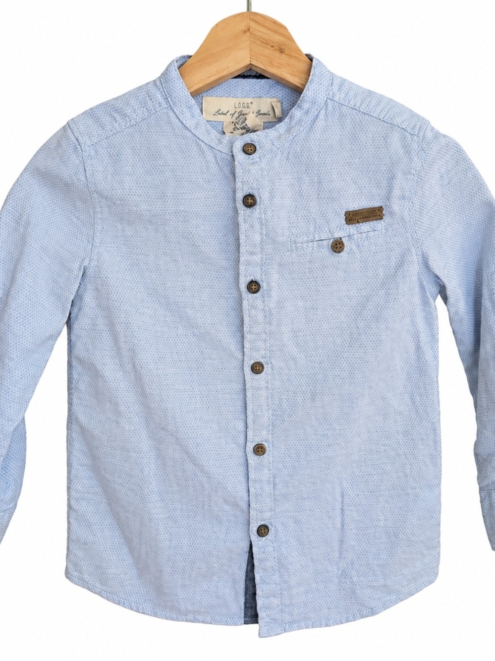 H&M L.O.G.G. Boys 4-5Y Light Blue 100% Cotton Band Collar Shirt